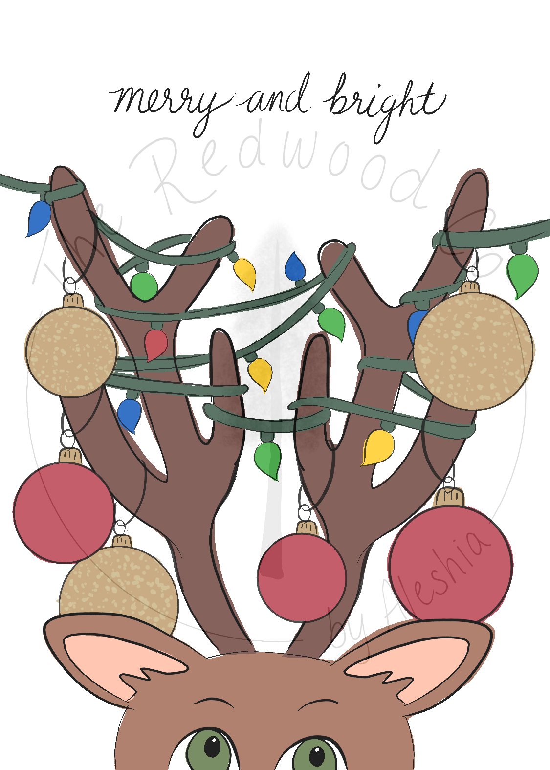 'Merry and Bright' decorated antlers Christmas Card