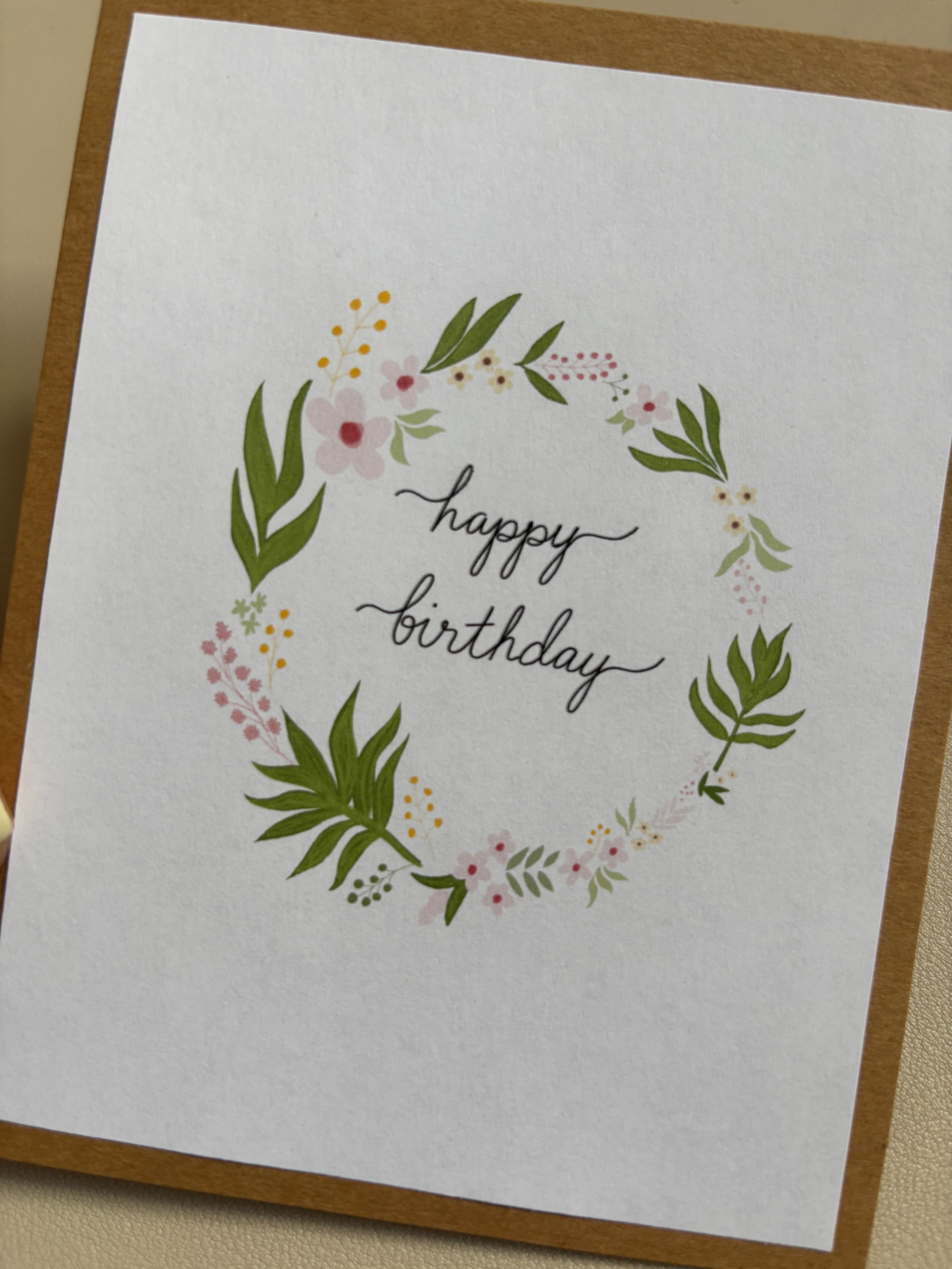 'happy birthday' floral wreath Birthday Card